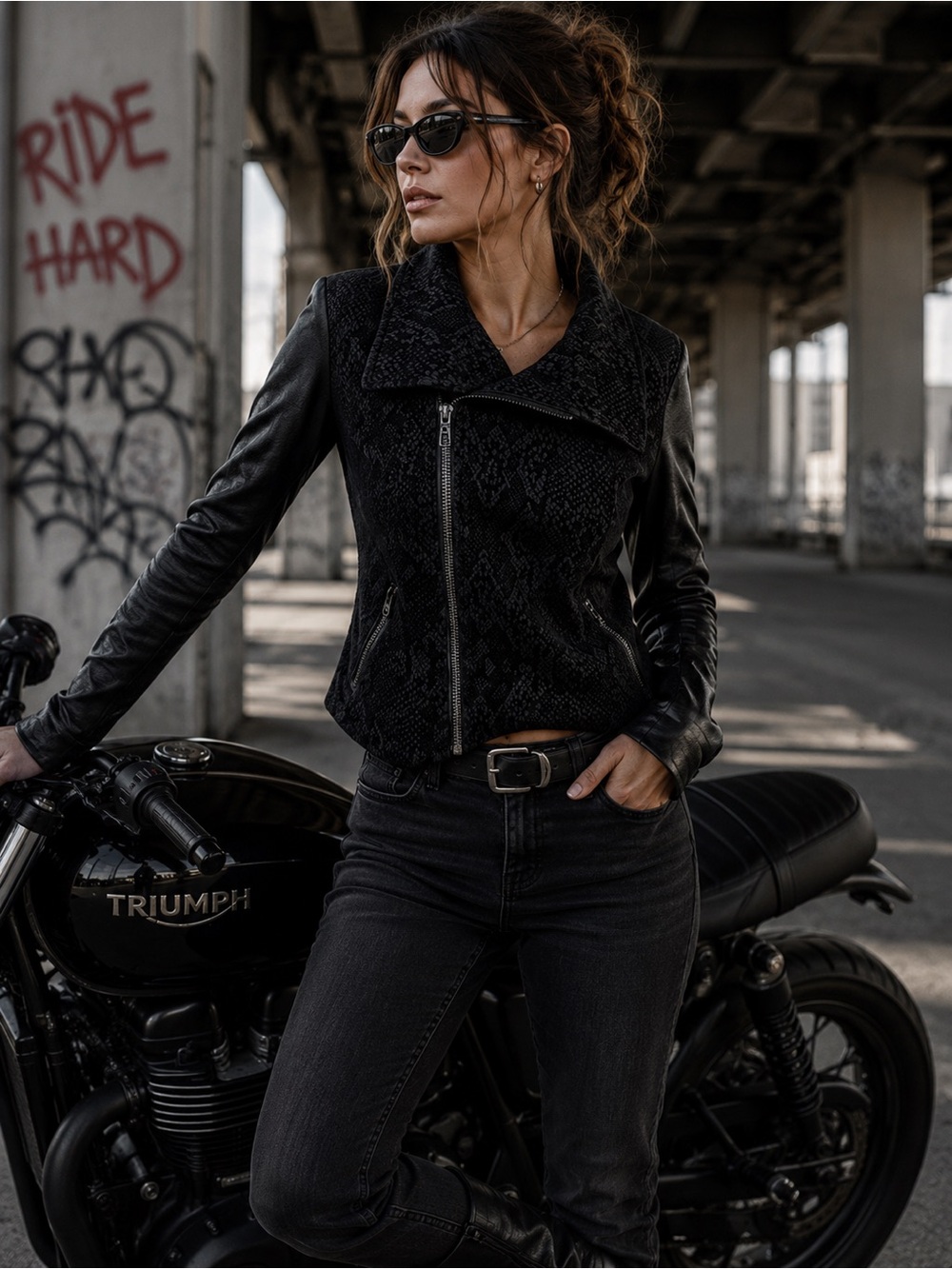Liverpool black faux leather snake print embossed mixed media moto jacket